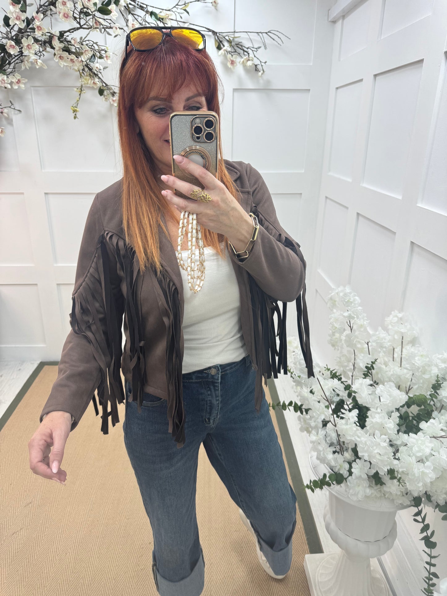 Heidi: Brown short suede fringe jacket. One size: 8-14