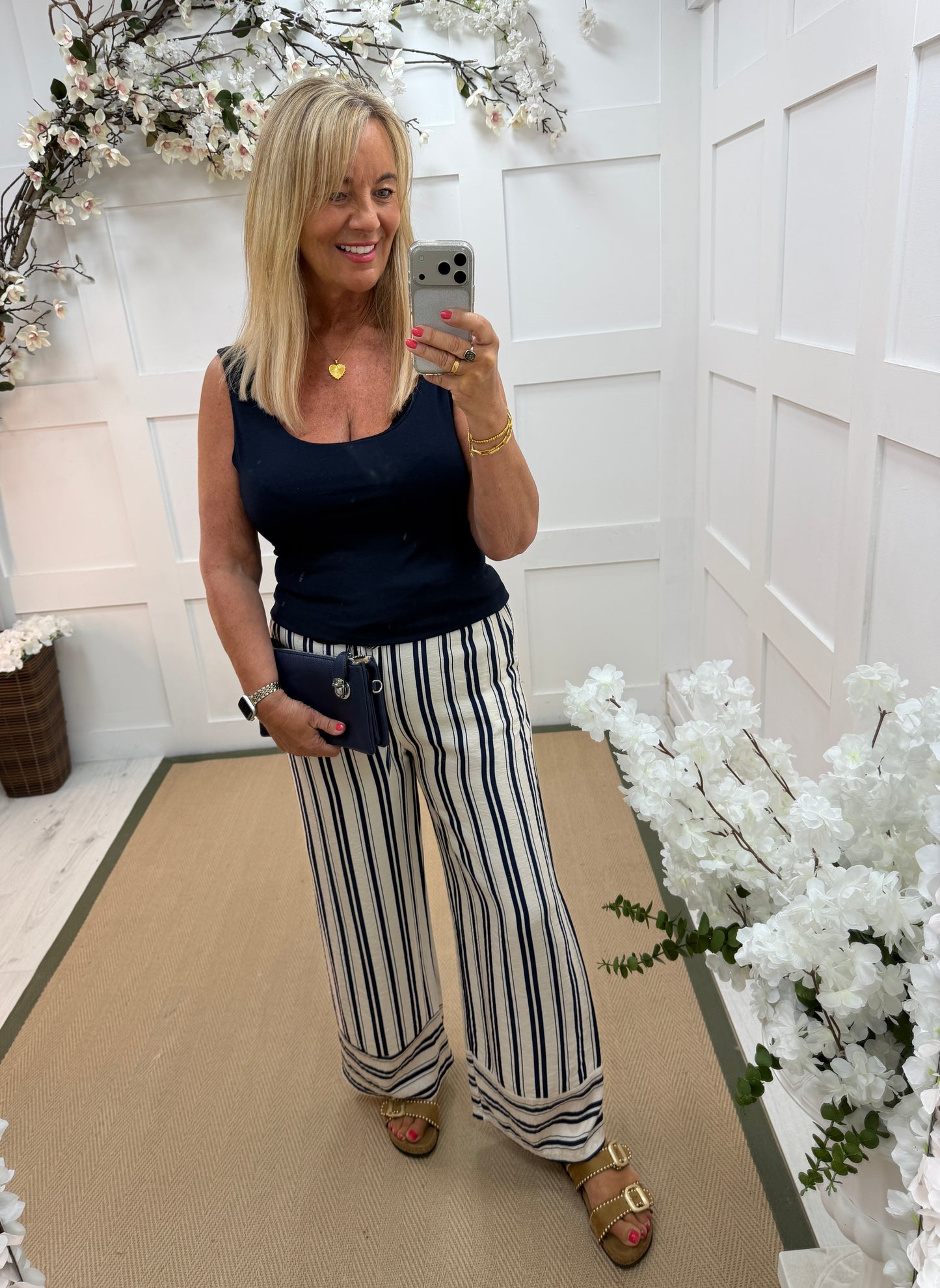 Stella: Cream & navy wide leg stripe trousers. One size: 10-16