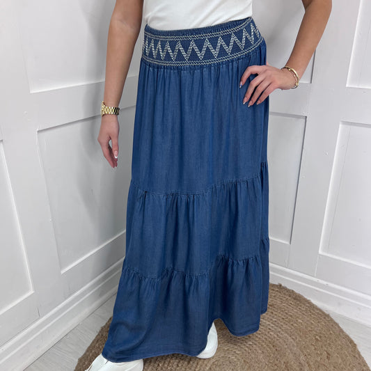 Prya: Denim blue embroidered maxi skirt. One size: 10-16
