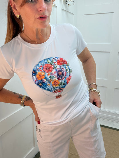 Bindi: White multicoloured diamanté hot air balloon T shirt. 2 sizes