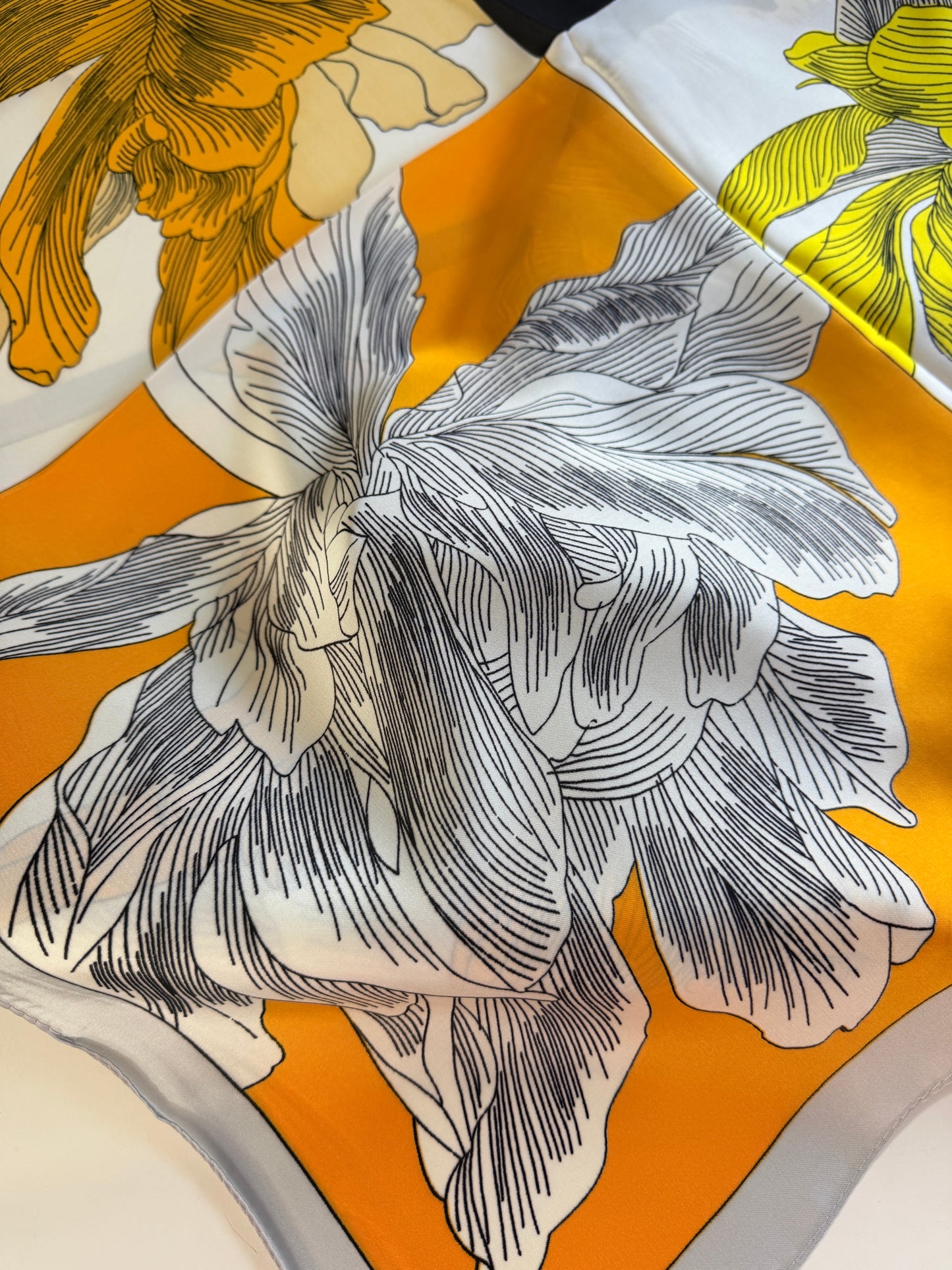 Iris: Yellow & black iris flower printed silky neck scarf