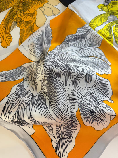 Iris: Yellow & black iris flower printed silky neck scarf
