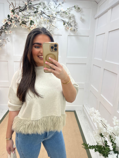 Honey: Beige fringe hem knit top. One size: 10-16