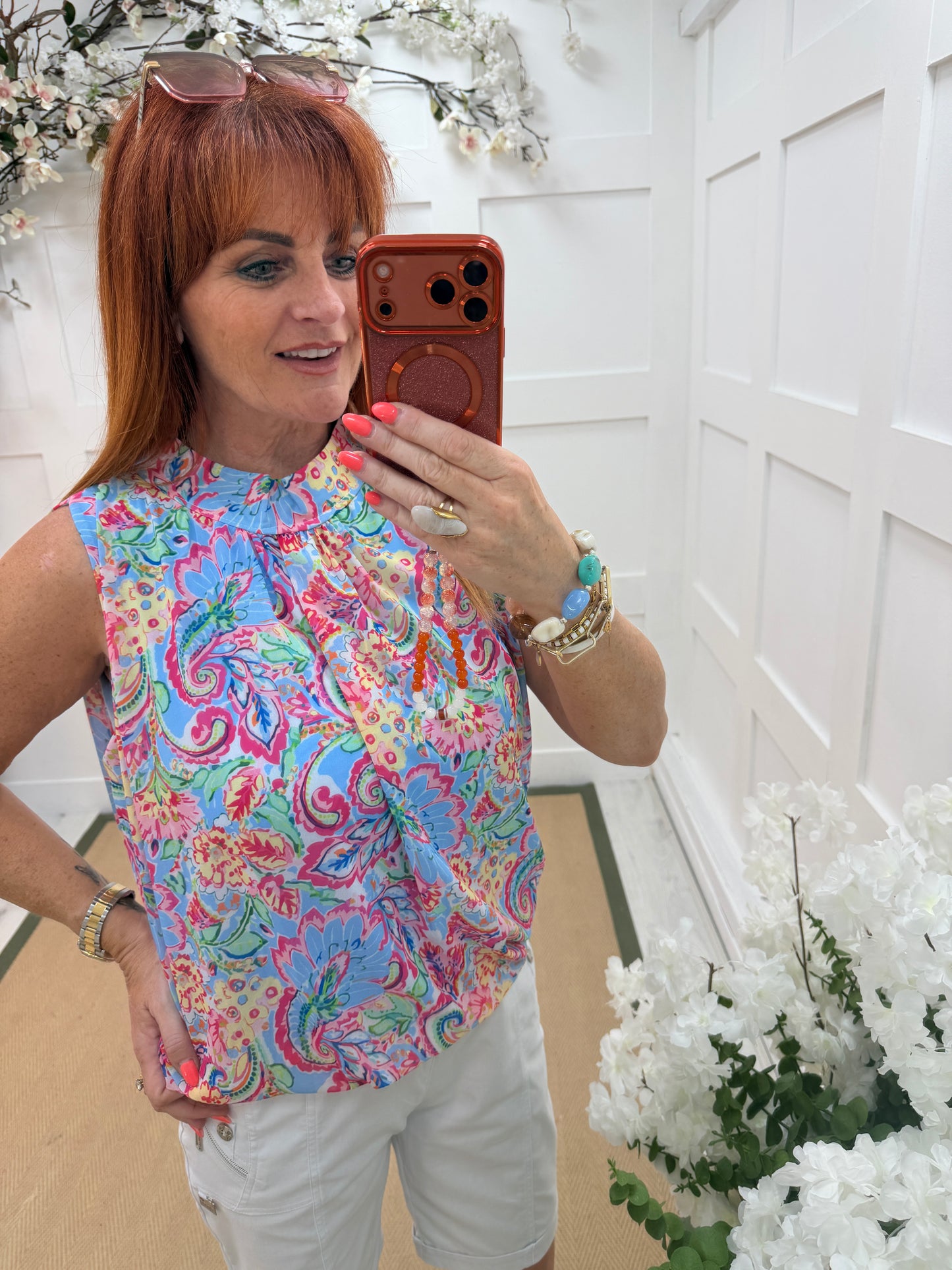 Kendall: Sleeveless high neck floral printed top. One Sz: 10- 18. 3 colours