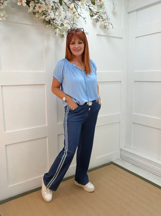 Dina: Denim double stripe wide leg trousers. 4 sizes