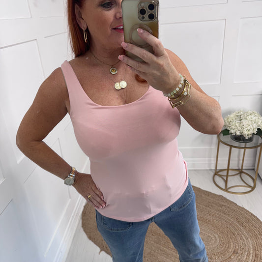 Abigail: Stretchy baby pink basic vest top. 2 sizes