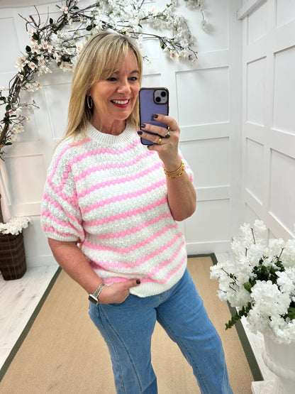 Cindy: Pink & white knitted top. One size: 12-16