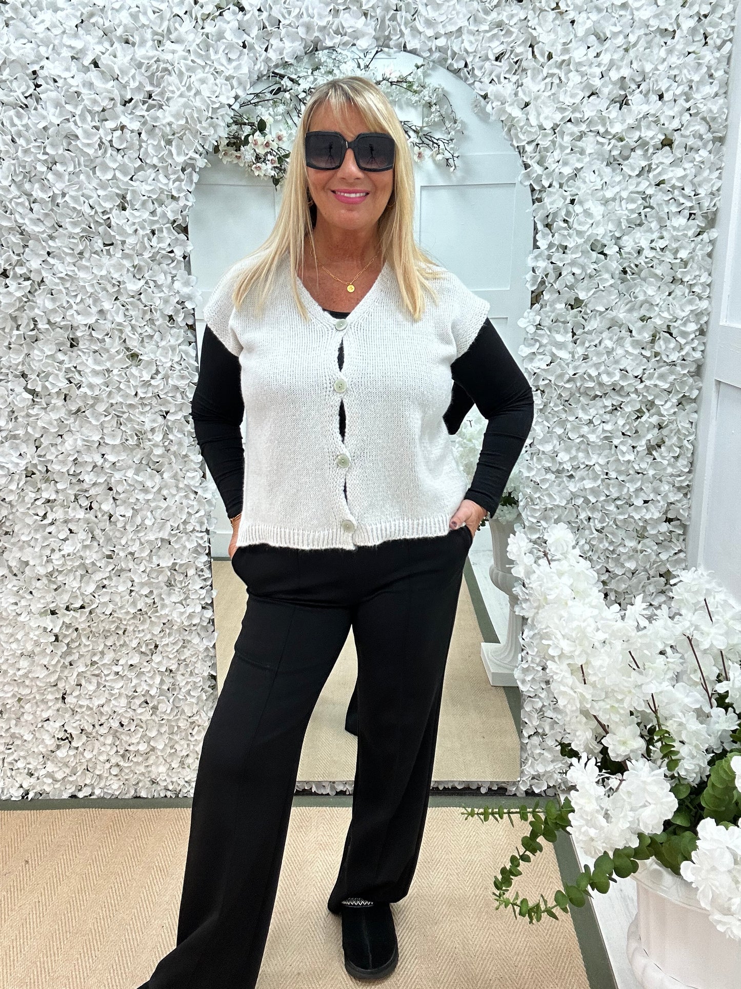 Nula: Winter white plain button waistcoat. One size: 14-20