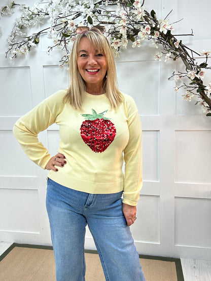 Ruby: Lemon strawberry sequin embroidered knitted top. Two sizes.
