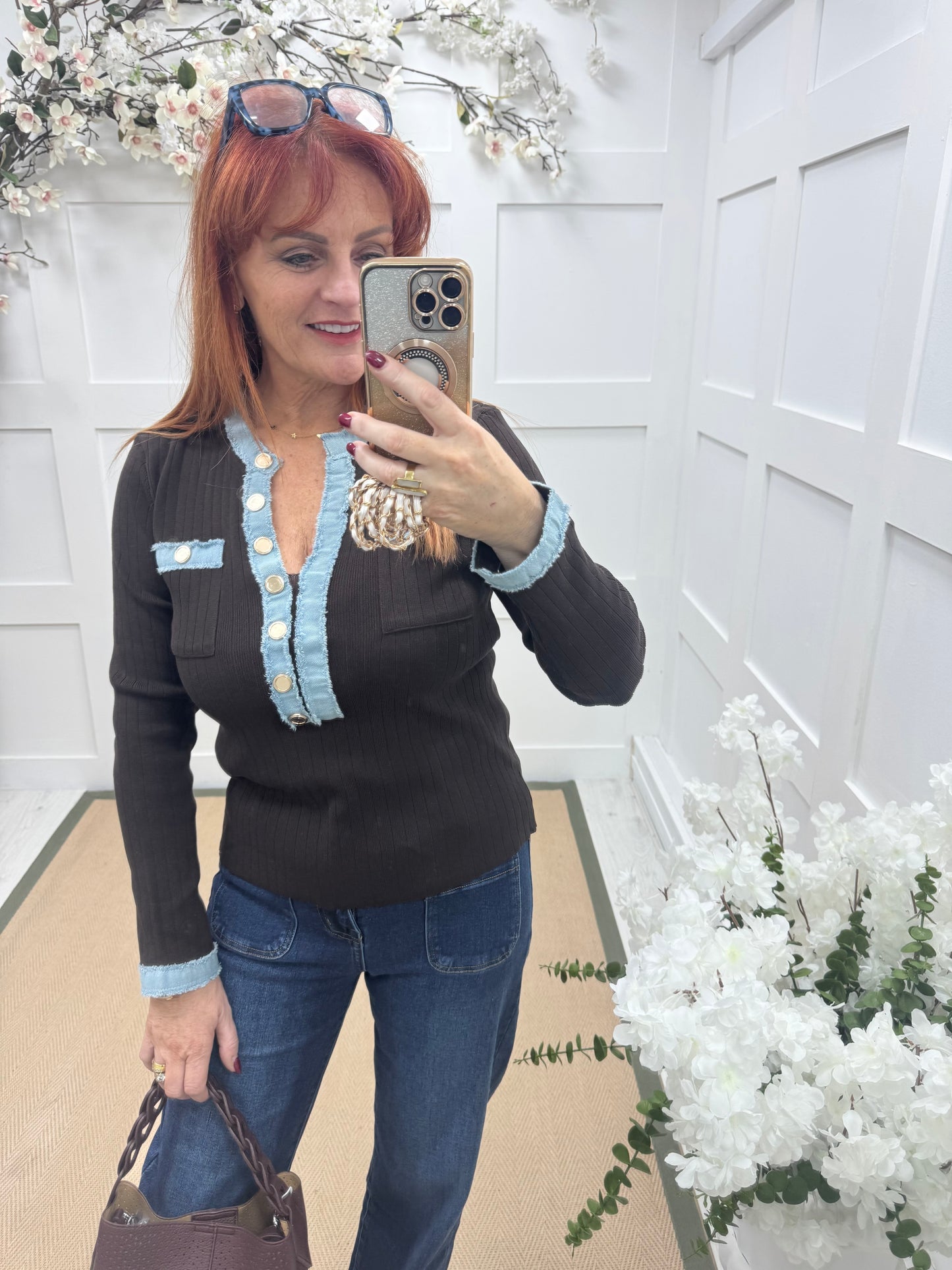 Harley: Brown blue & denim long sleeve top. One Sz: 10-16