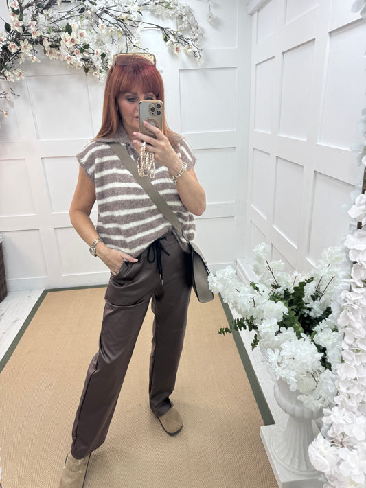 Talisa: Mocha & cream stripe sleeveless top. One size 12-18