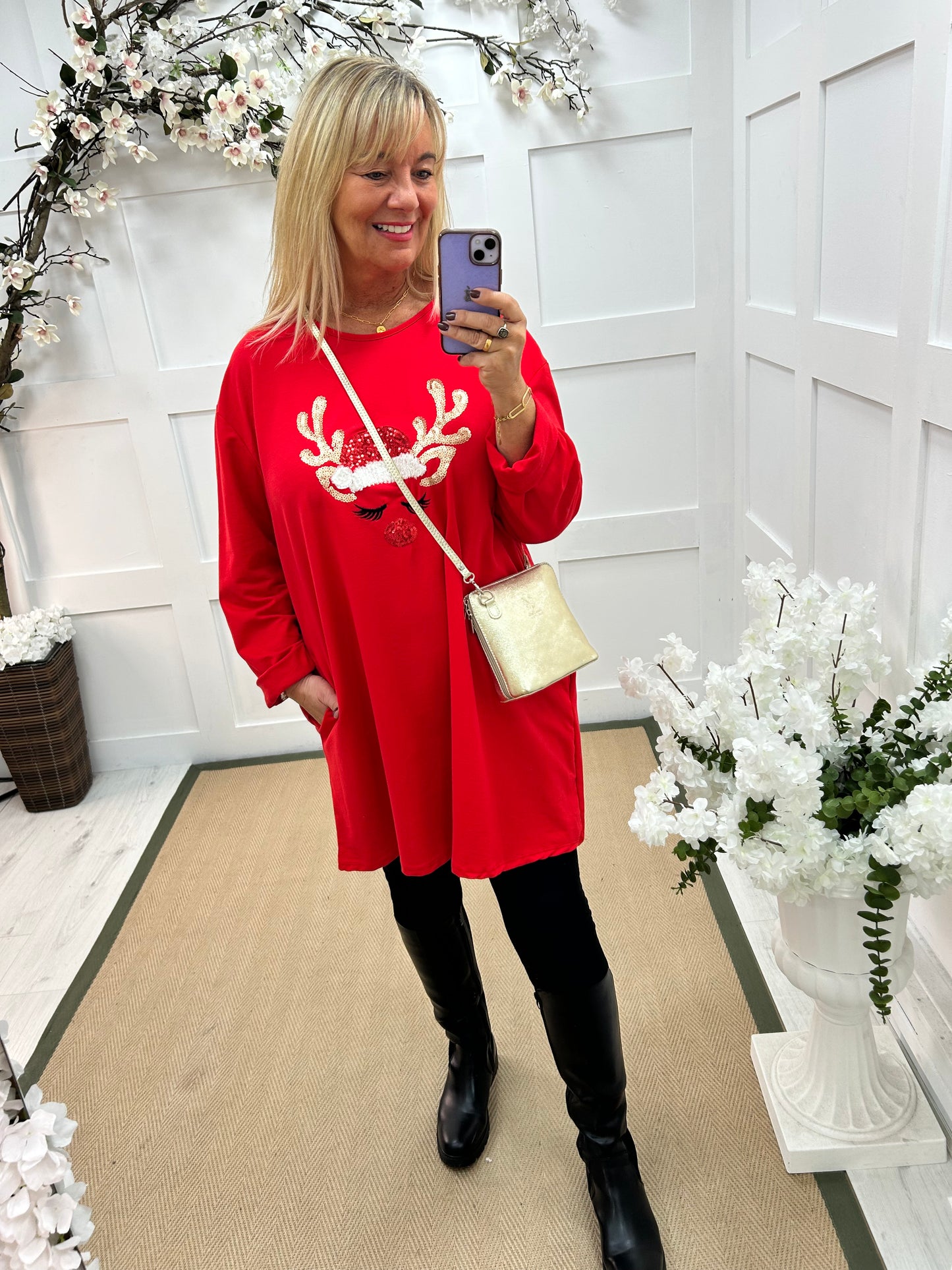 Vixen: Red reindeer oversized top. One size: 16-20
