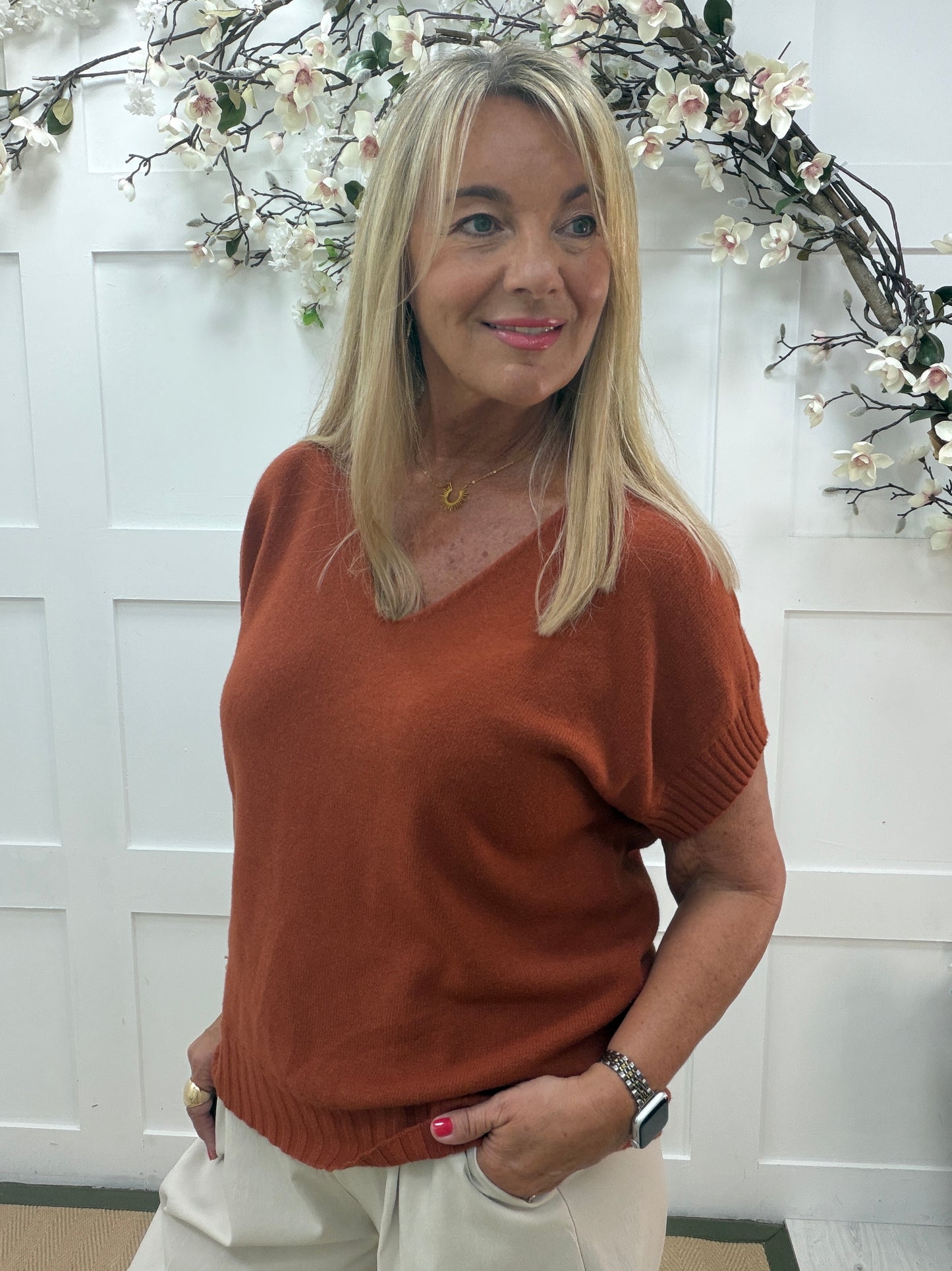 Trina: Soft knit long V-neck top. One size 12-18. 5 colours