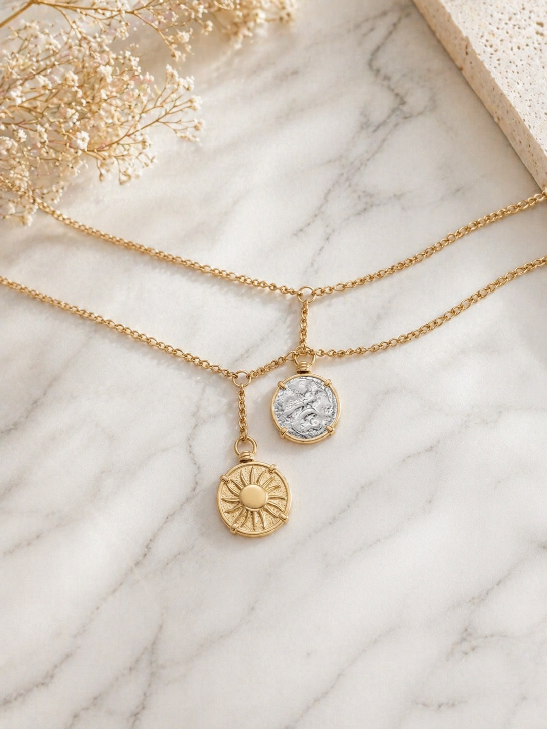 Elara: Gold sun & moon pendant necklaces