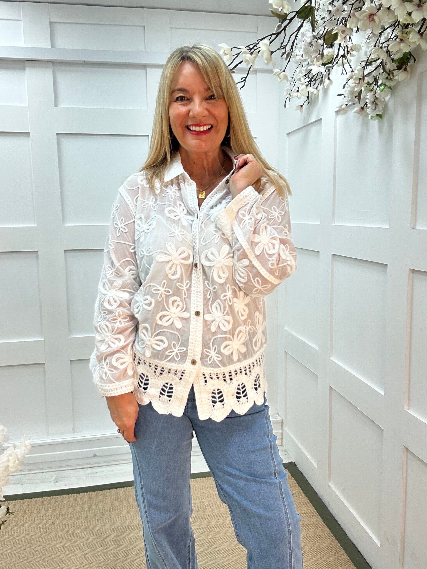 Talia: White long cotton floral crochet shirt . One size: 12-16