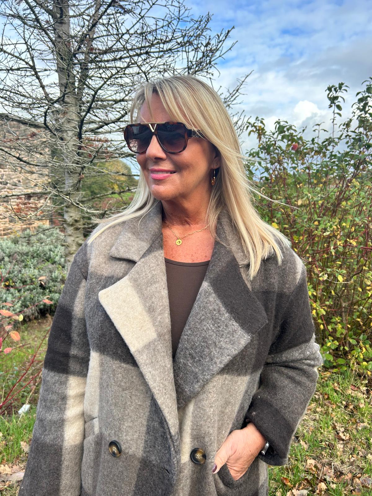 Loxley: Beige & brown check wool coat. One size 12-20