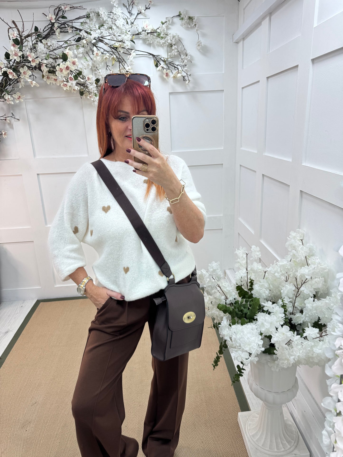 Eleanor: White and mocha heart wool top. One size: 12-18