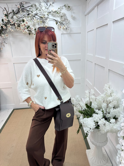 Eleanor: White and mocha heart wool top. One size: 12-18