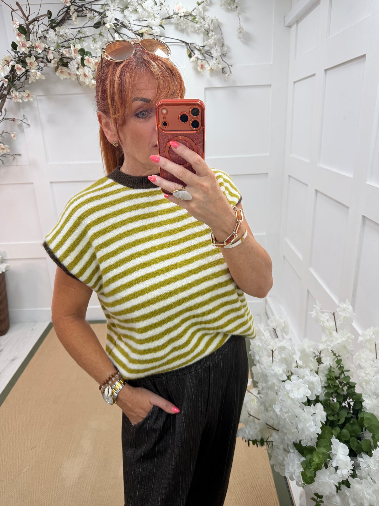 Serena: Sleeveless soft knit stripe top. One size: 12-18. 2 colours