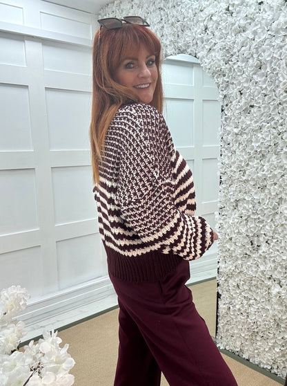 Mel: Burgundy & cream knitted cardigan. One size: 12-18