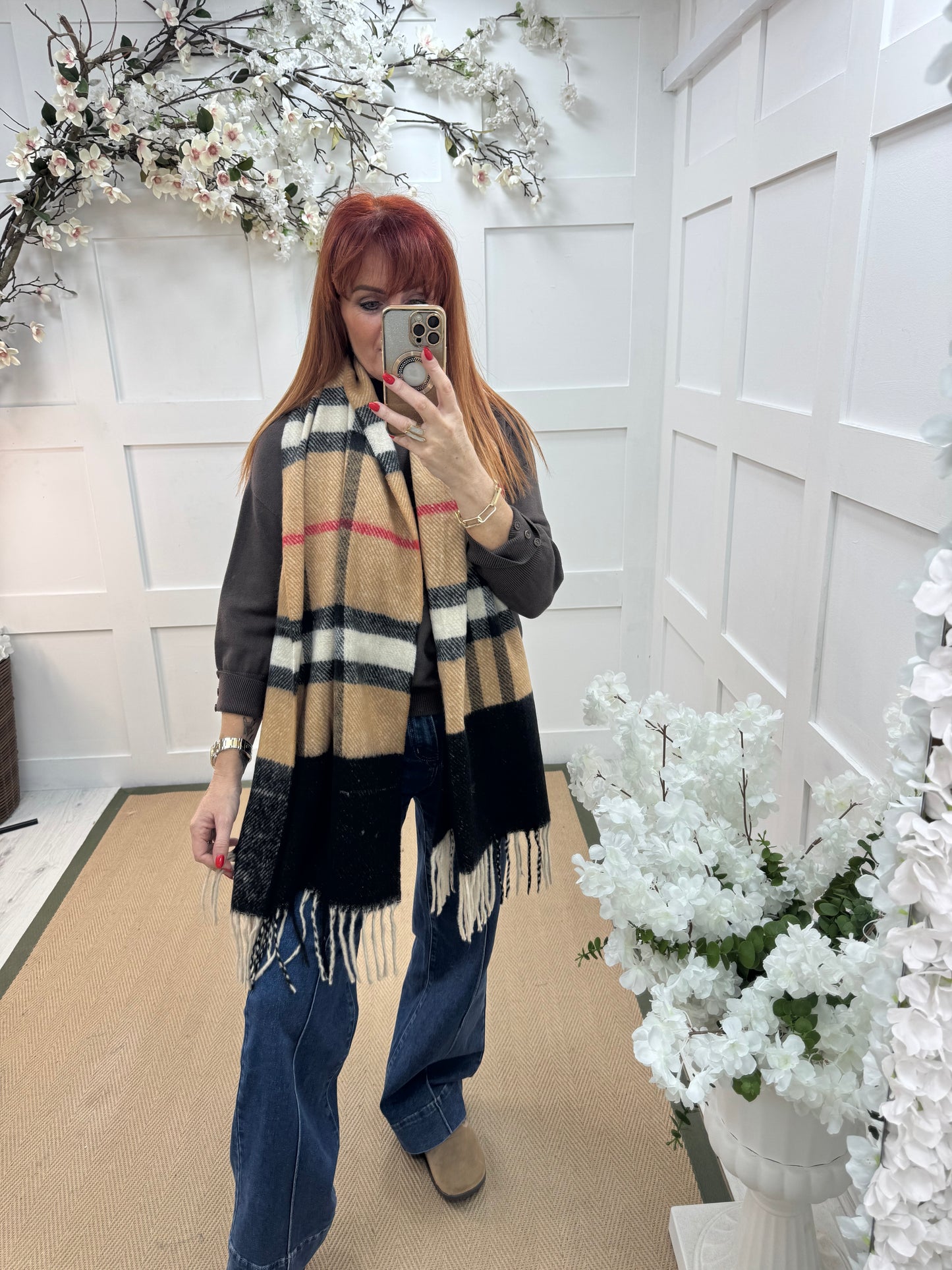 Britt: Sand check designer inspired cashmere blend scarf