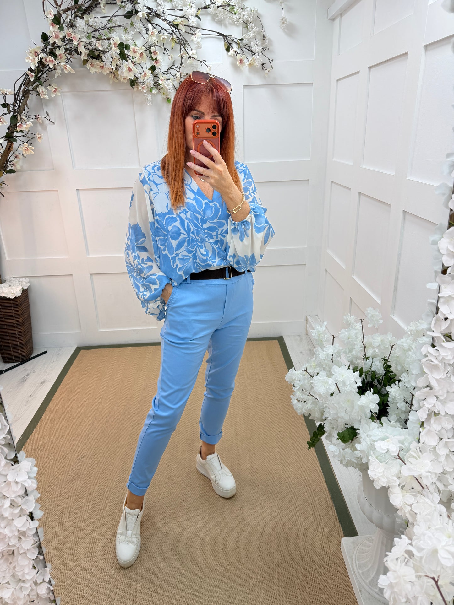 Marley: Blue stretchy frill pocket magic trousers. One Size: 8-14