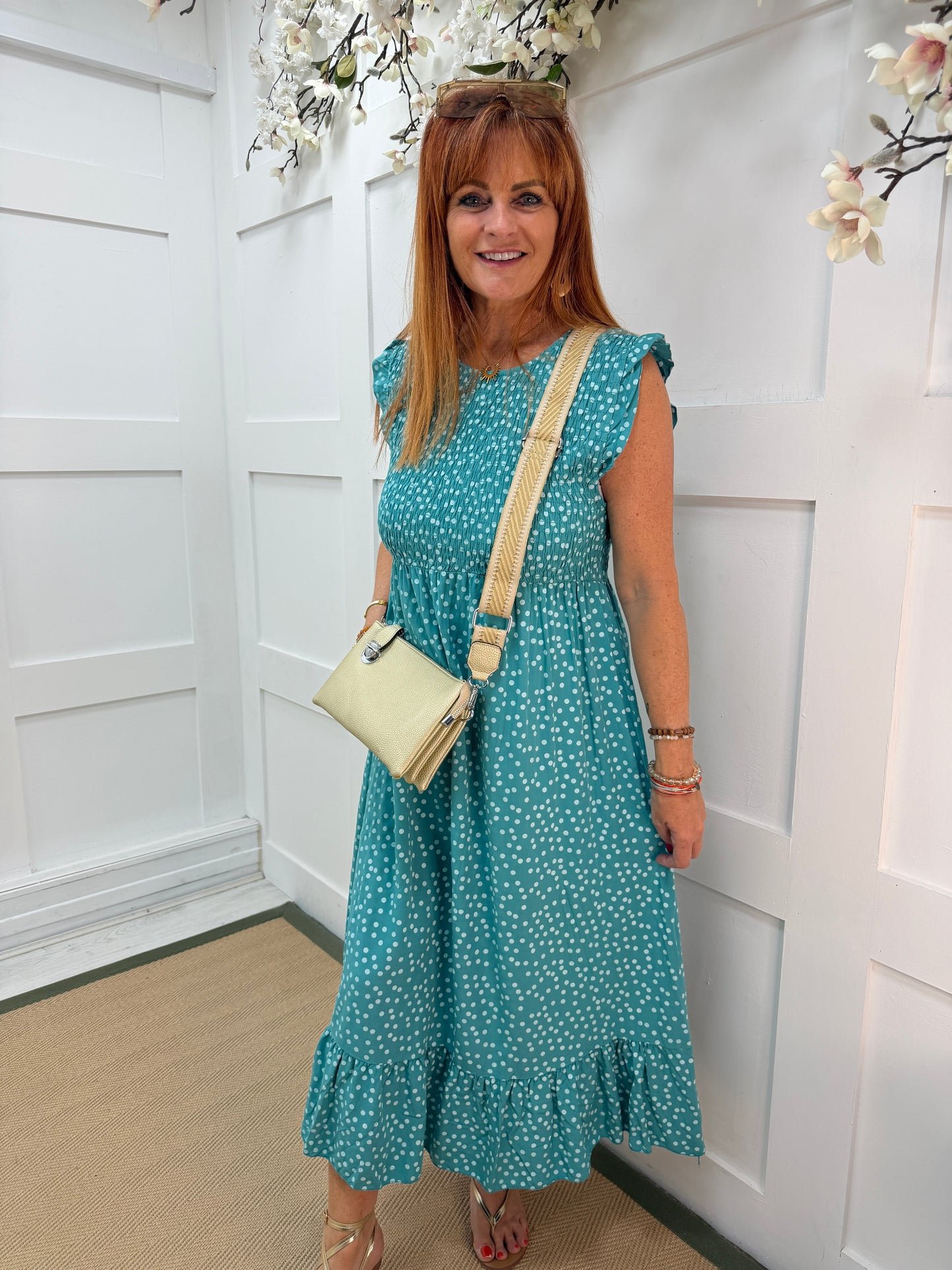 Kitty: Spotty shirred midi dress. One size 10-16. Various colours