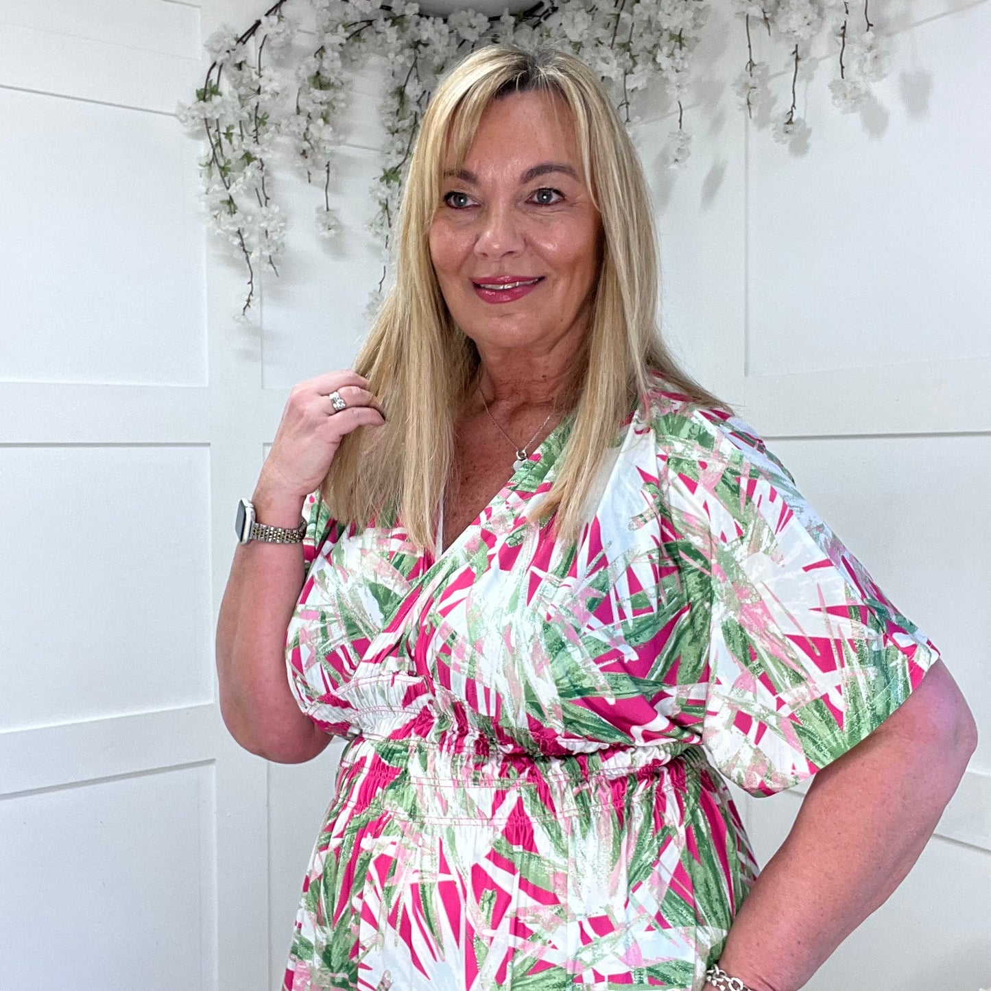 Eva: Stretchy pink & green palm maxi dress. One size 12-24