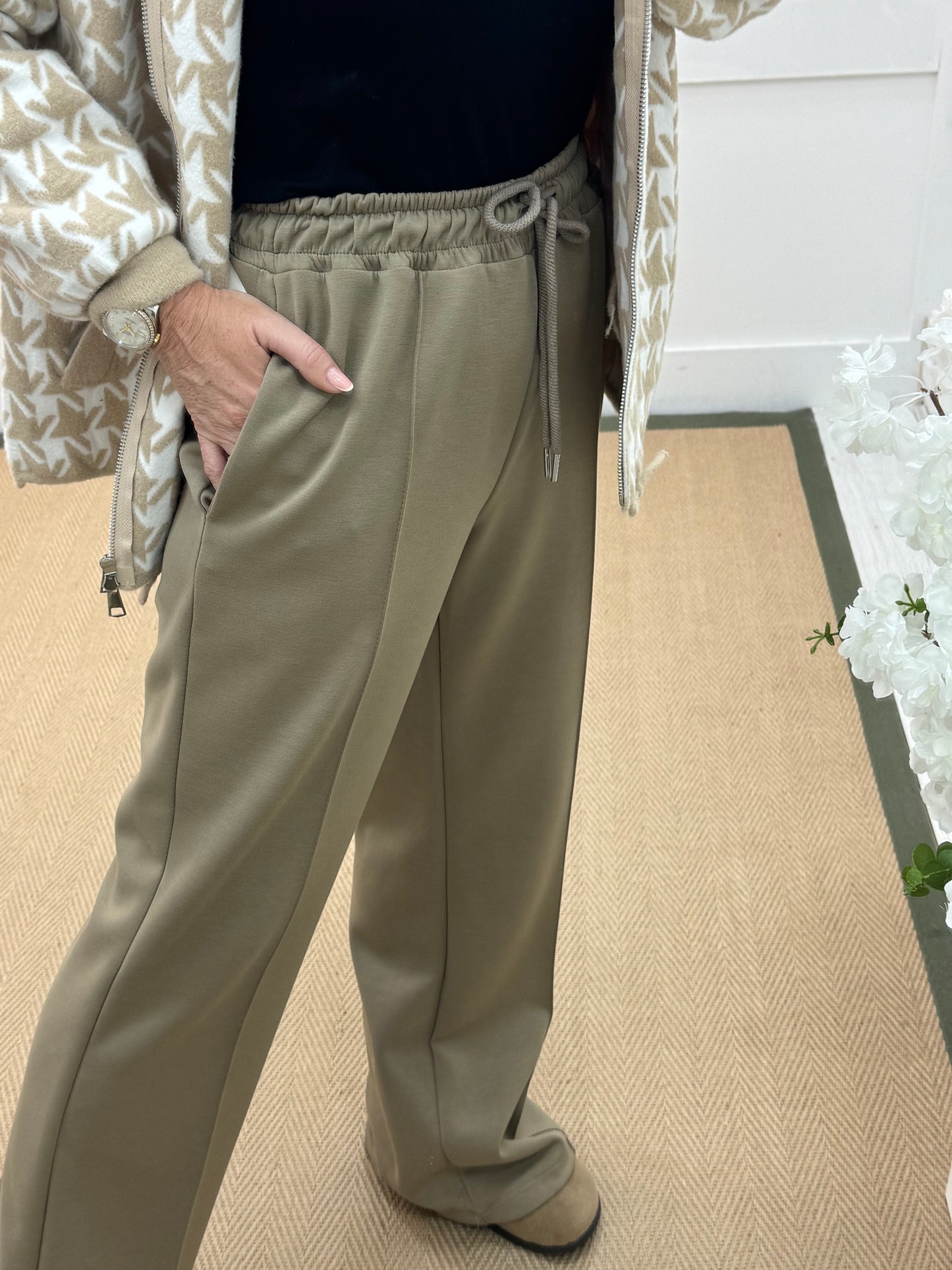 Trudy: Stone stretchy wide leg pocket trousers. 2 sizes