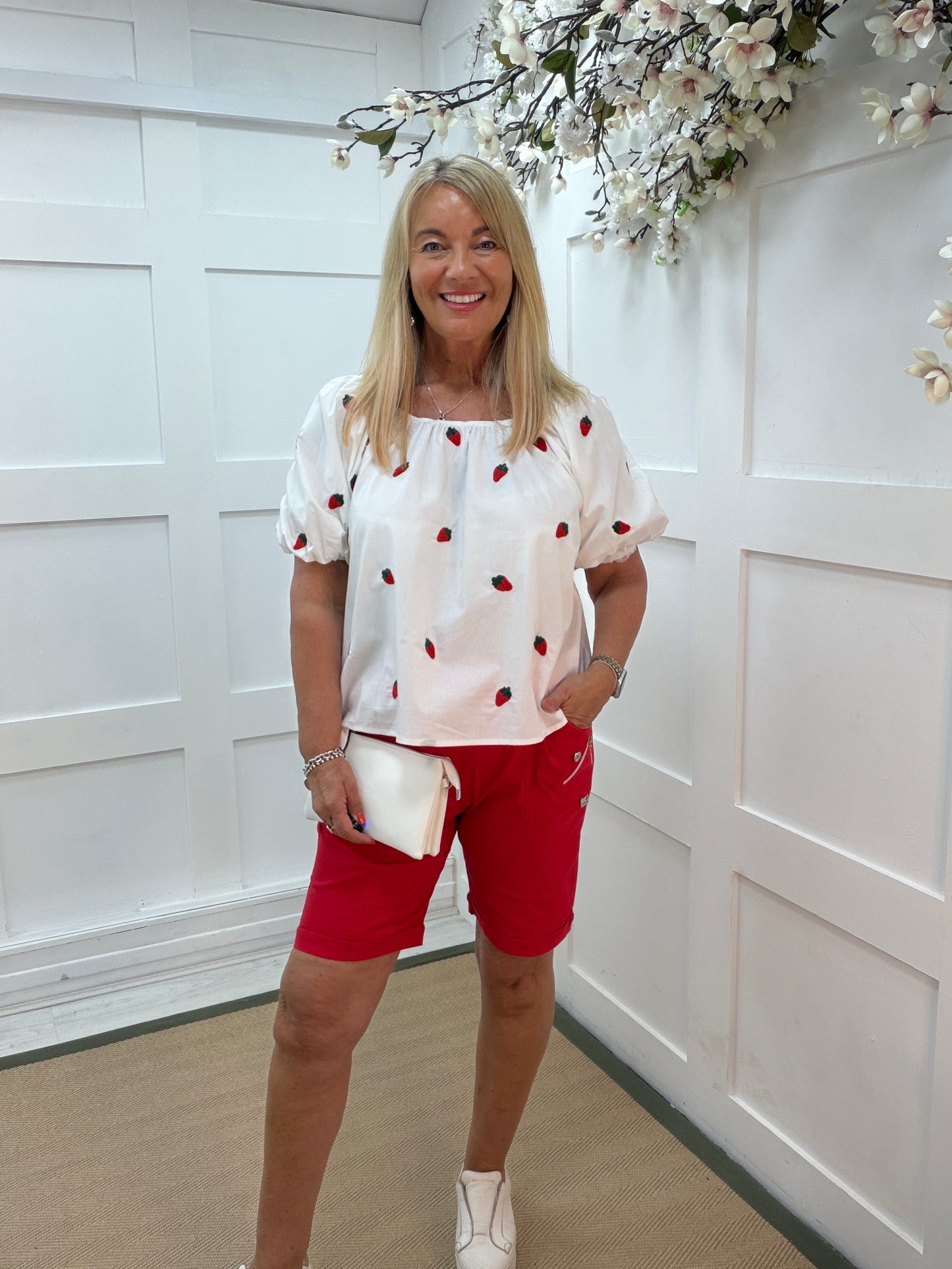 Solana: White bardot style strawberry top. 2 sizes