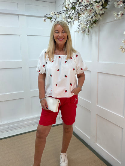 Solana: White bardot style strawberry top. 2 sizes