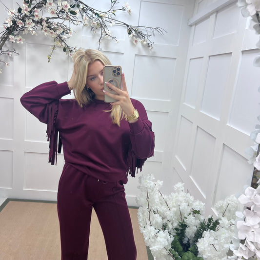 Athens: Burgundy short tassel sweatshirt. One size: 10-16