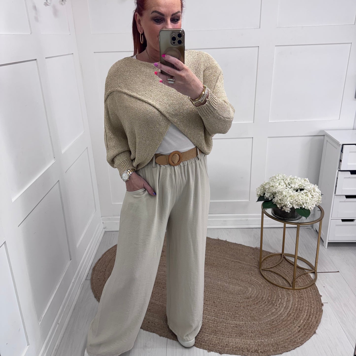 Maxine: Cream wide leg belted trousers. 2 sizes