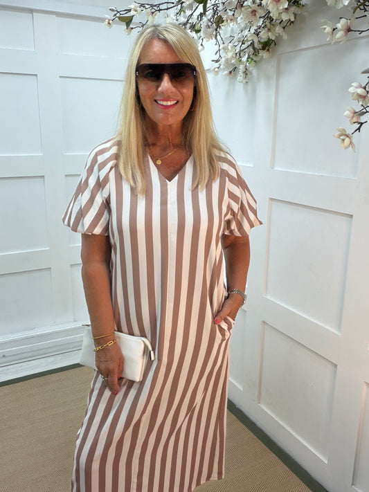 Sydney: Puff sleeve striped dress with pockets. One size: 10-16. 2 colours