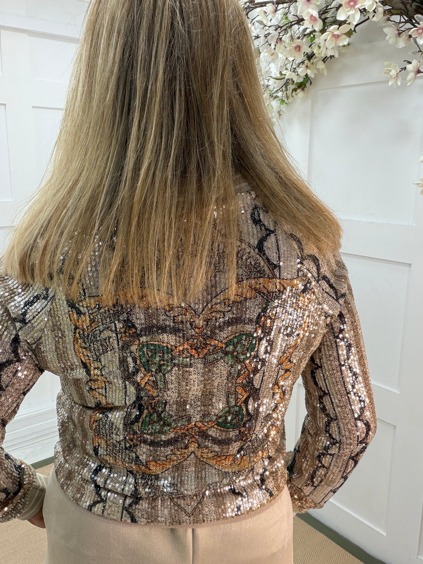 Shelby: Sequin statement bomber jacket. One size 8-14. 2 colours