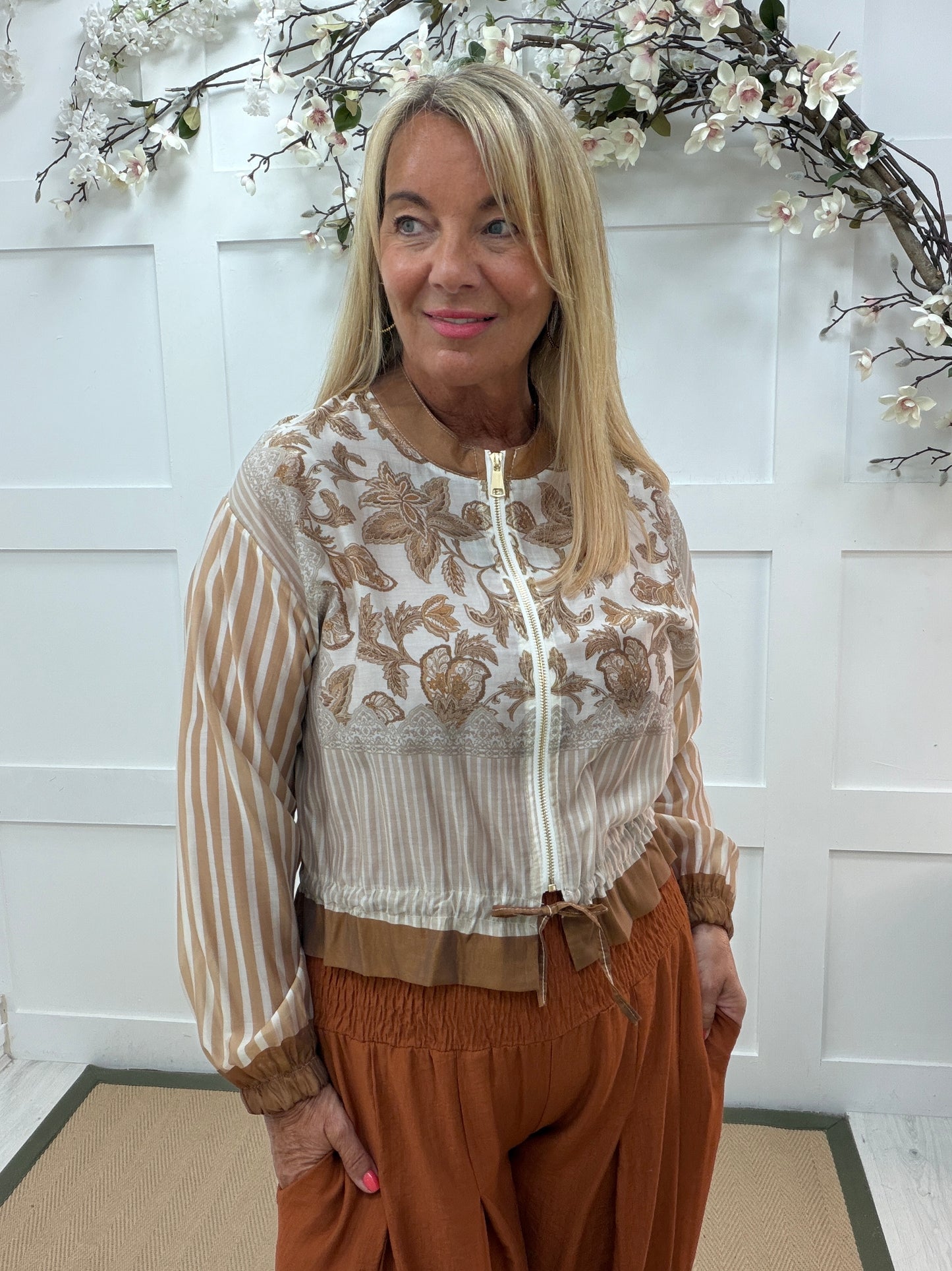 Steph: Bronze printed silky bomber jacket. One size: 10-16