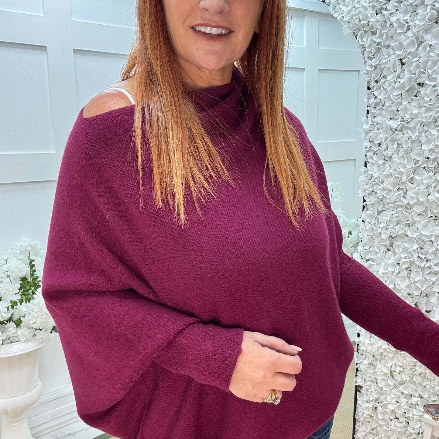 Erica: Burgundy asymmetrical slouch soft knit top. One size 10-18