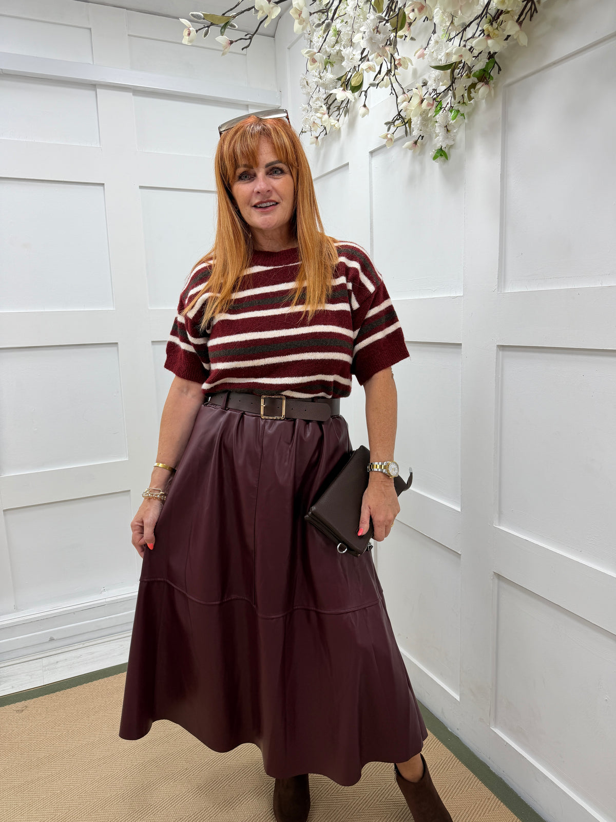 Loretta: Faux leather belted skirt. One size: 10-16/18. 3 colours
