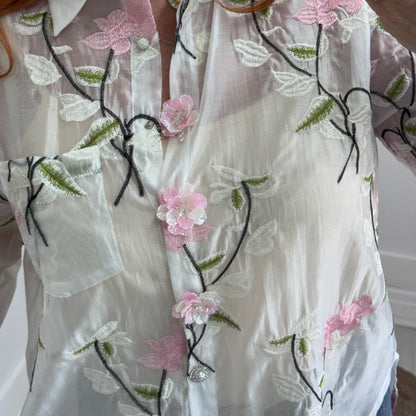 Mia: White blouse with pink acrylic flowers & embroidery. One size: 12-18