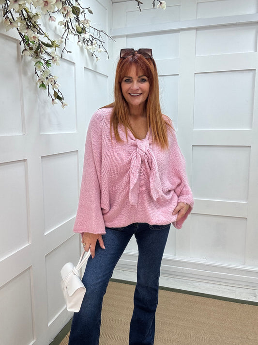 Bloom: Pink bow knitted jumper. One size: 12-18