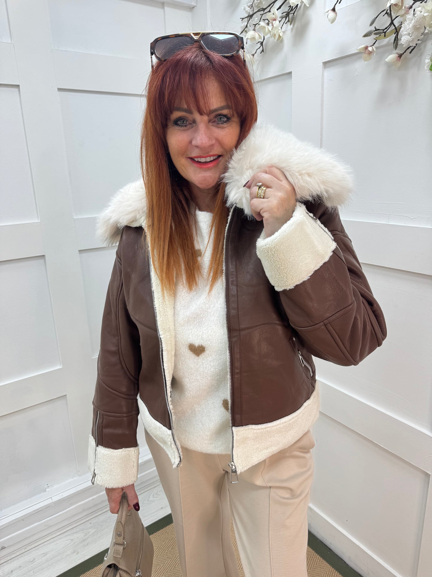 Fiora: Brown faux fur leather jacket. Two sizes