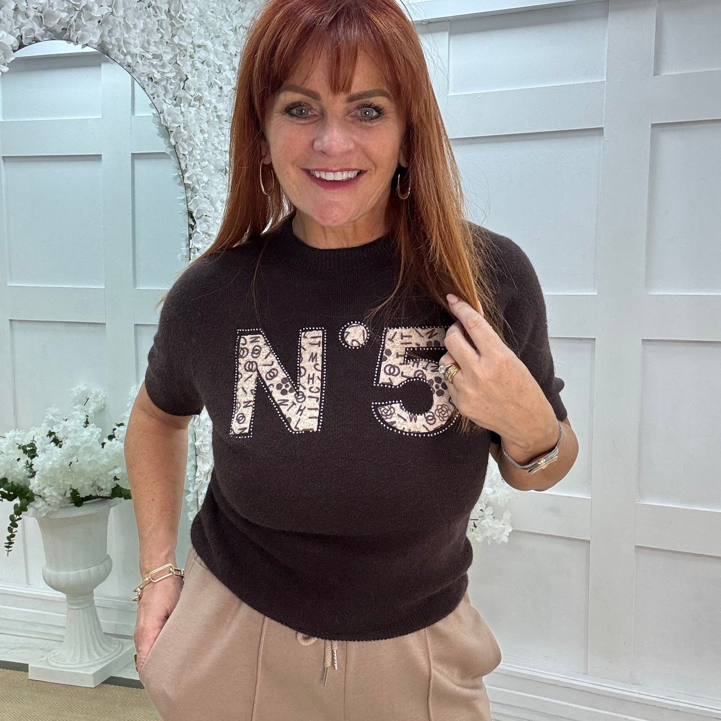 Chantelle: Brown No 5 logo knit top. One size: 10-16