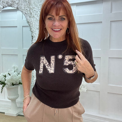 Chantelle: Brown No 5 logo knit top. One size: 10-16