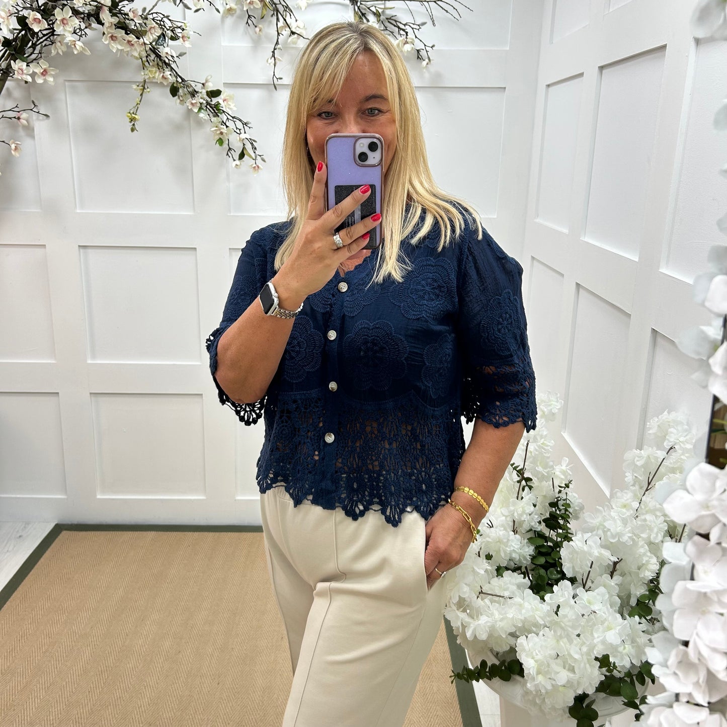 Effie: Navy embroidered cardigan top. One size: 12-18
