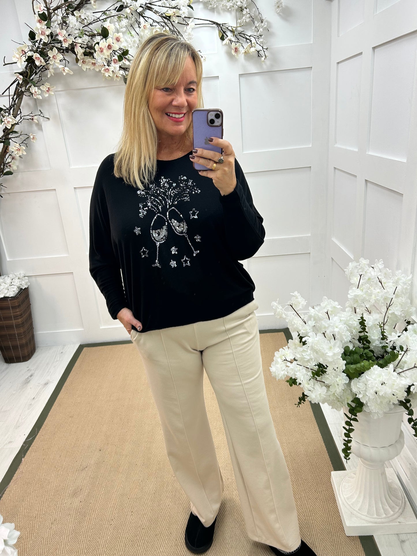 Cynthia: Black and silver wine glass sequin top. One size: 14-18