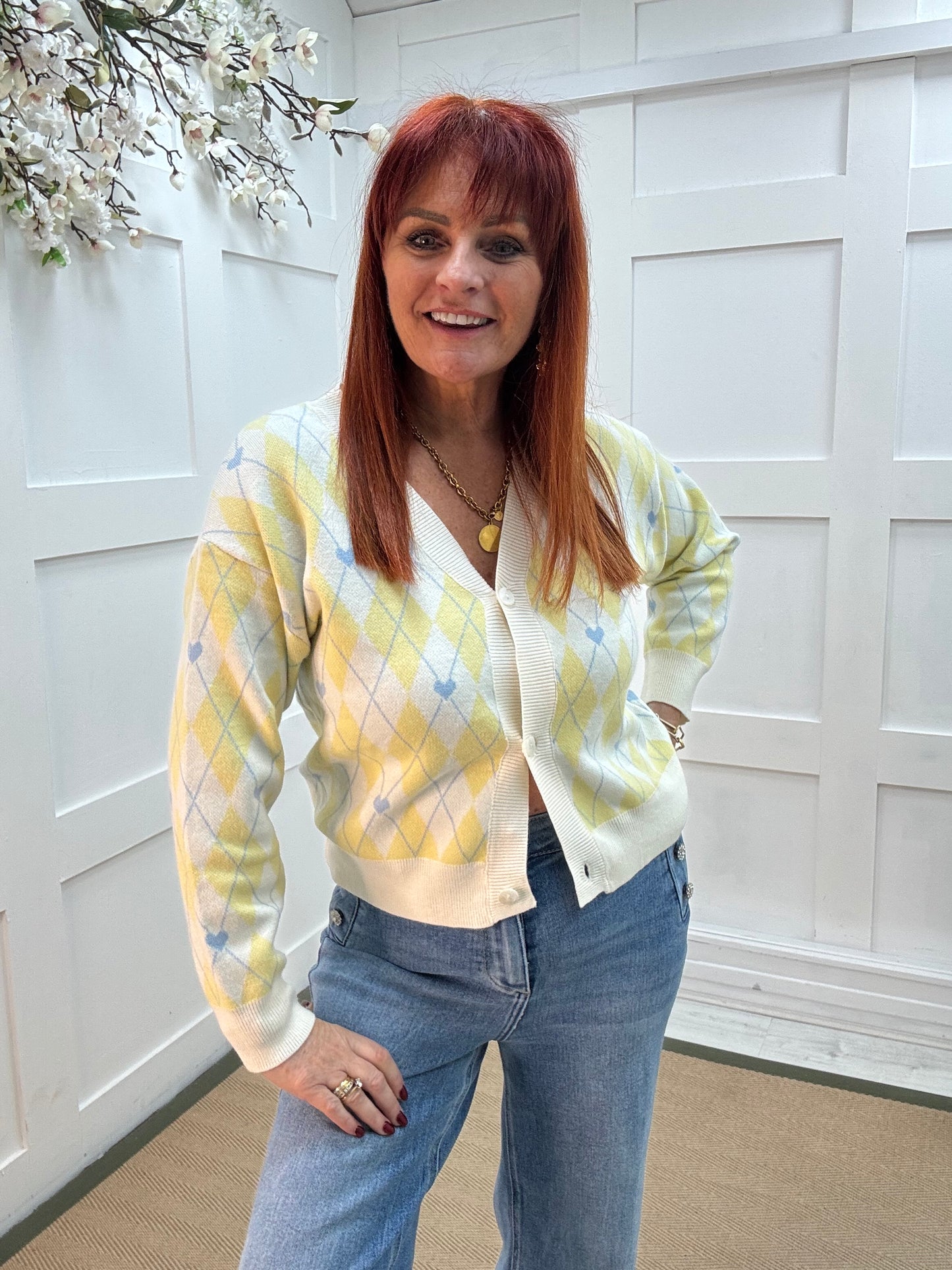 Poppy: Lemon heart argyle knit cardigan top. One size: 10-14