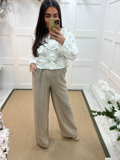 Leanne: Mocha wide leg trousers. One size: 10-14
