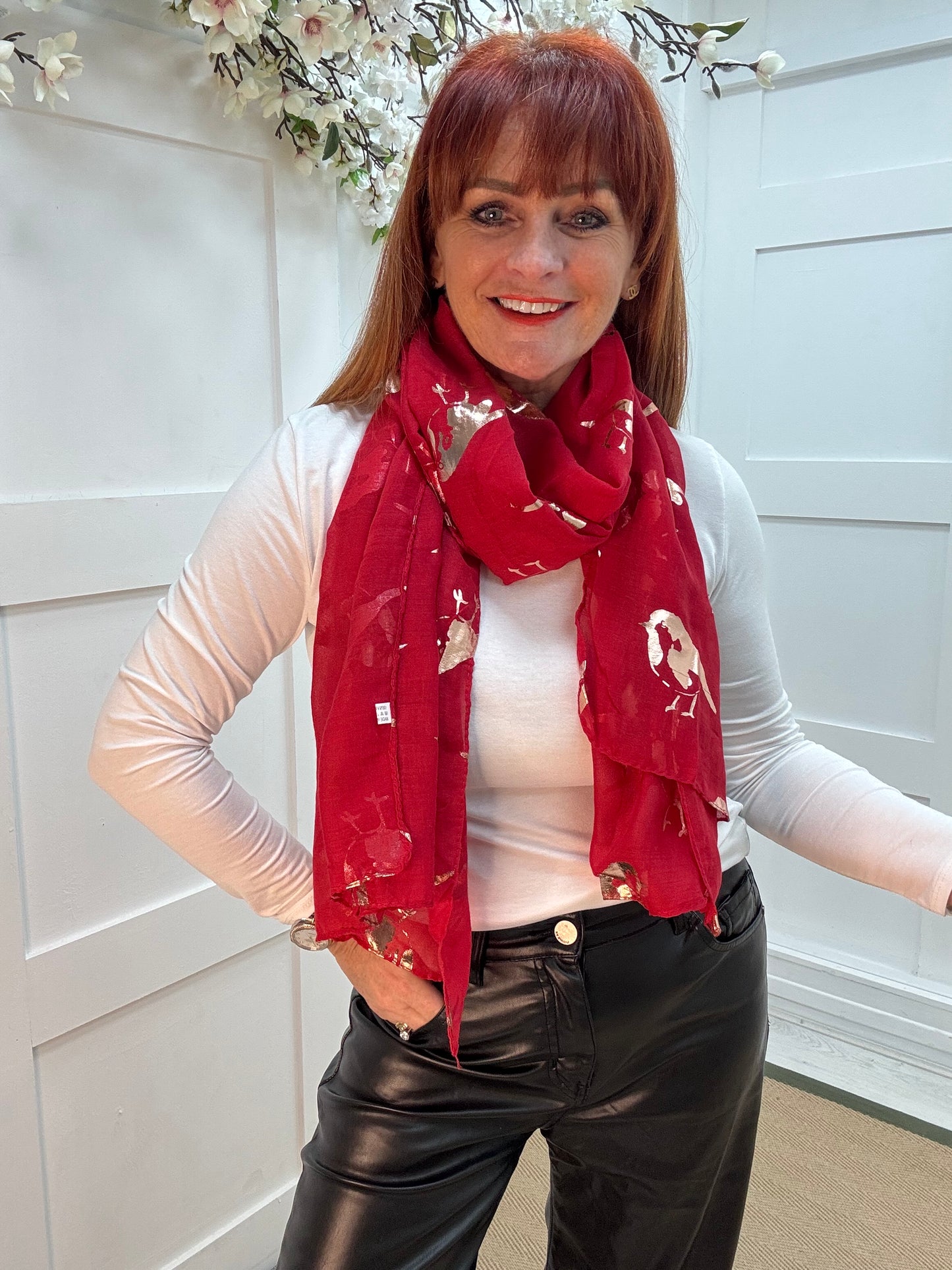 Ria: Red & gold metallic robin bird scarf