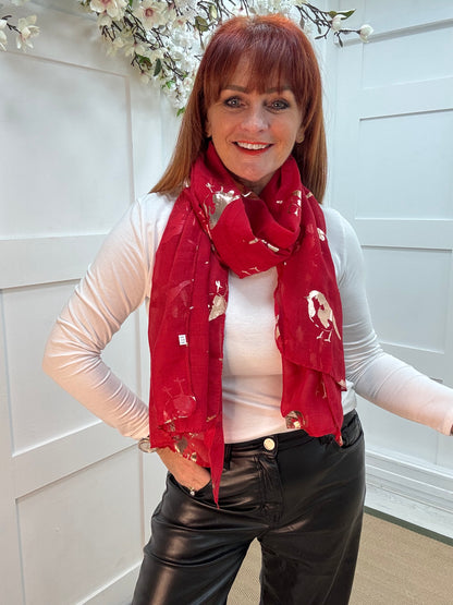 Ria: Red & gold metallic robin bird scarf