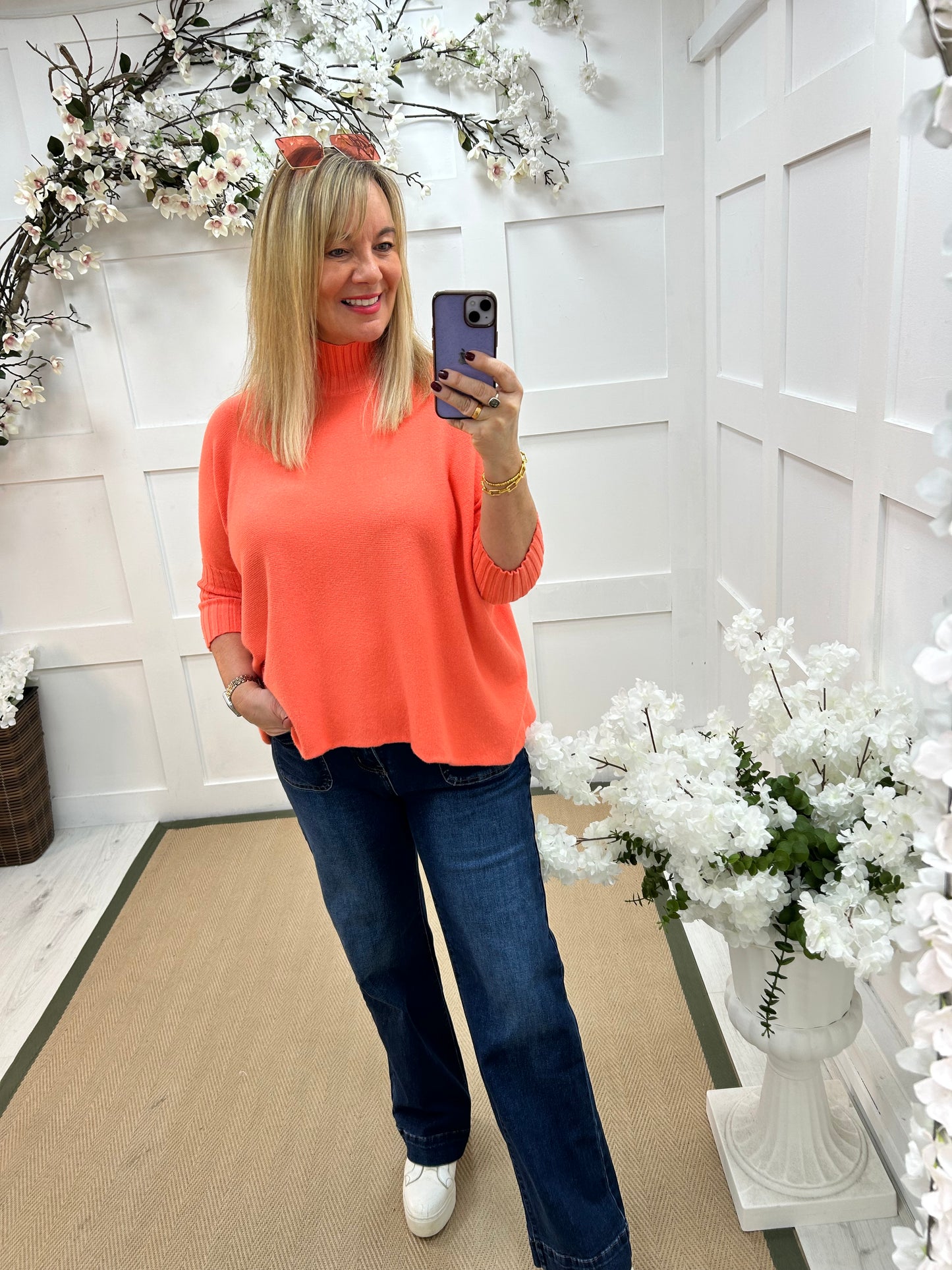 Sammie: Coral high neck knitted top. One Sz: 12-18